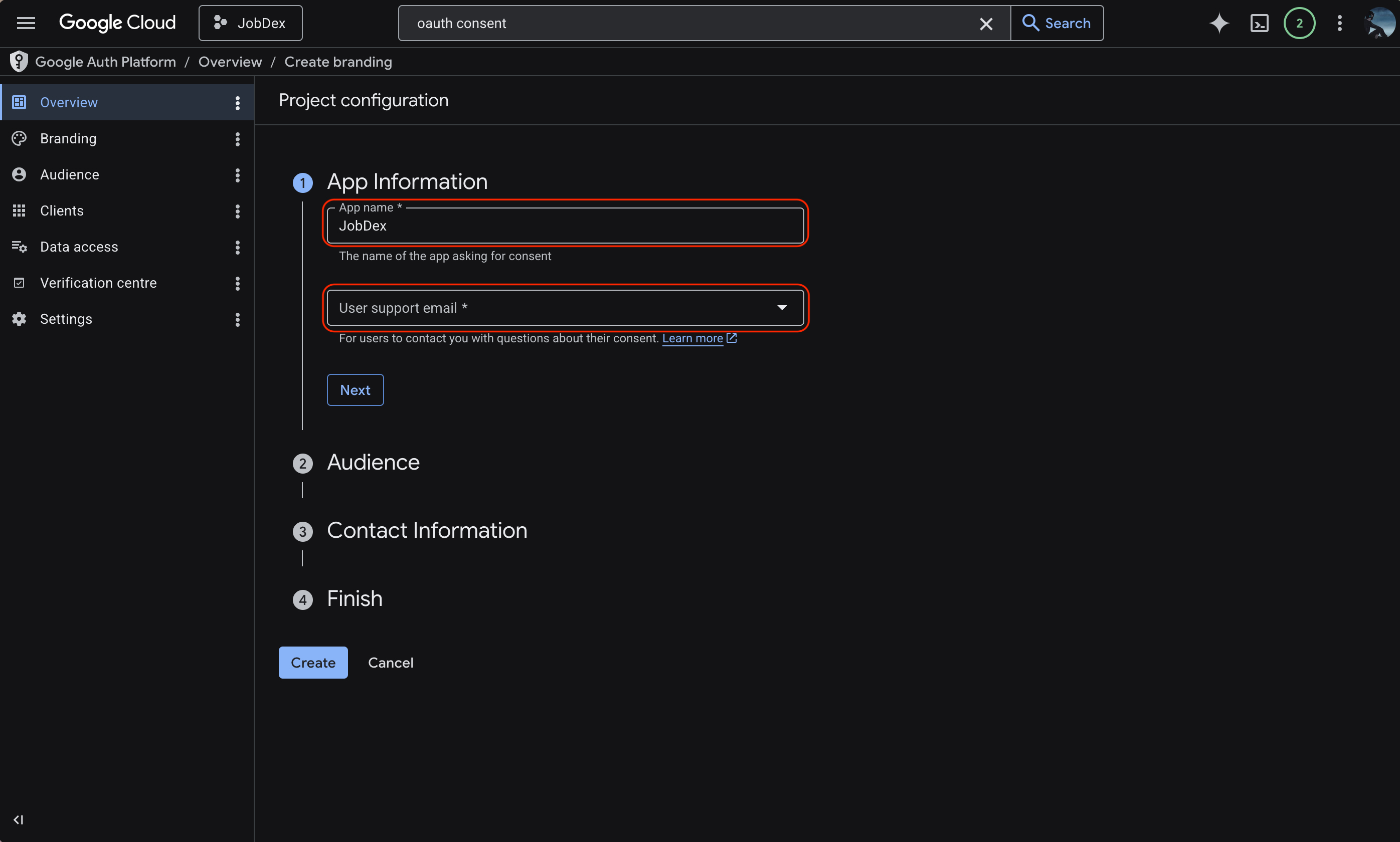 Filling out the OAuth consent screen with App Name and User Support Email