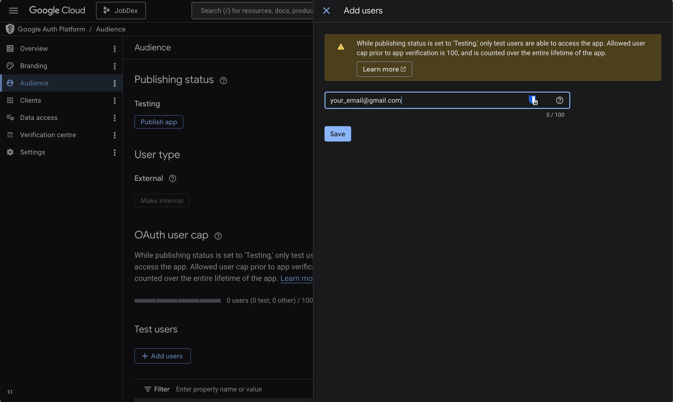 Adding a test user email in the Audience section