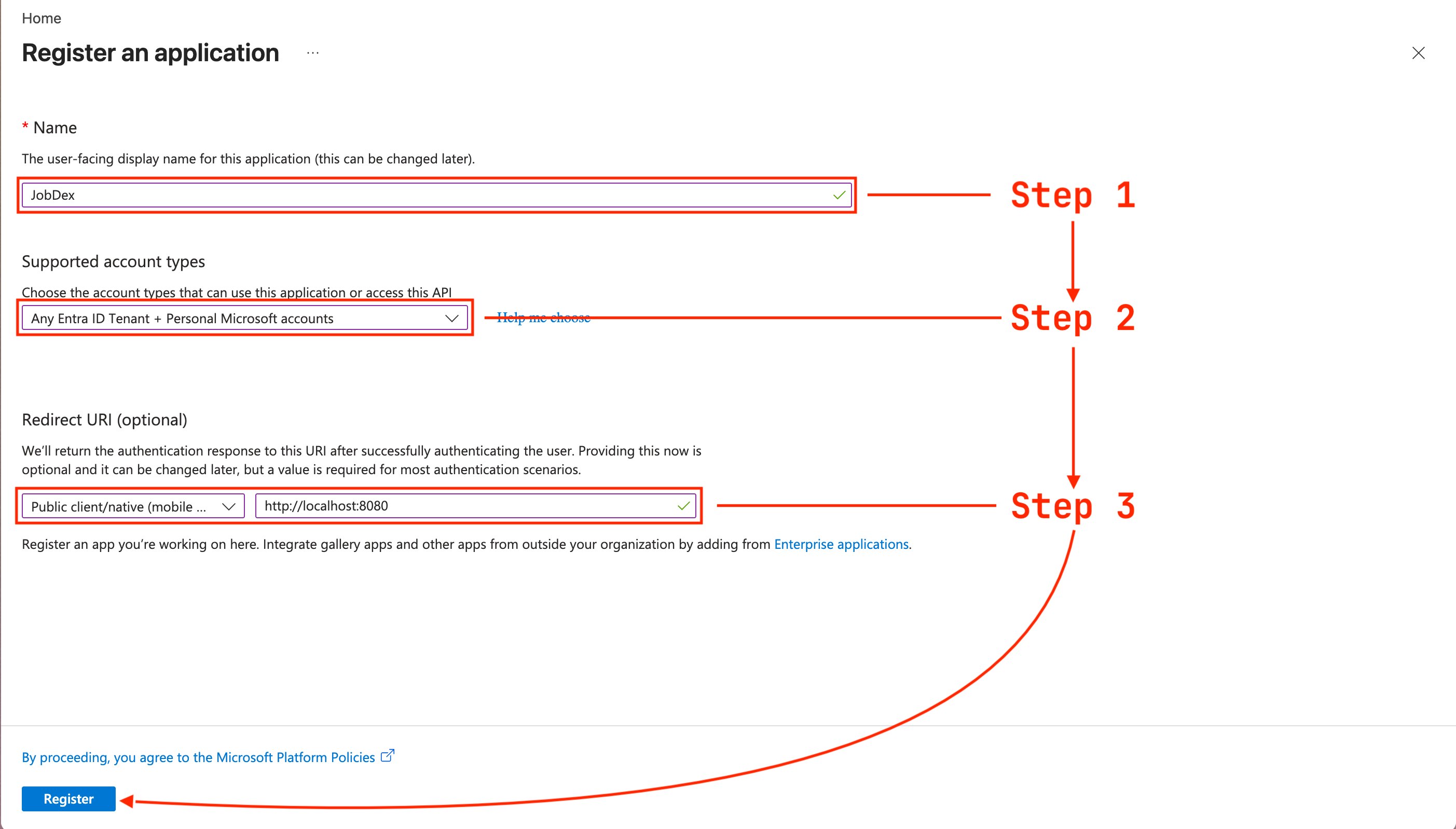 Screenshot: Azure Portal — 'Register an application' form with name, account type, and redirect URI fields