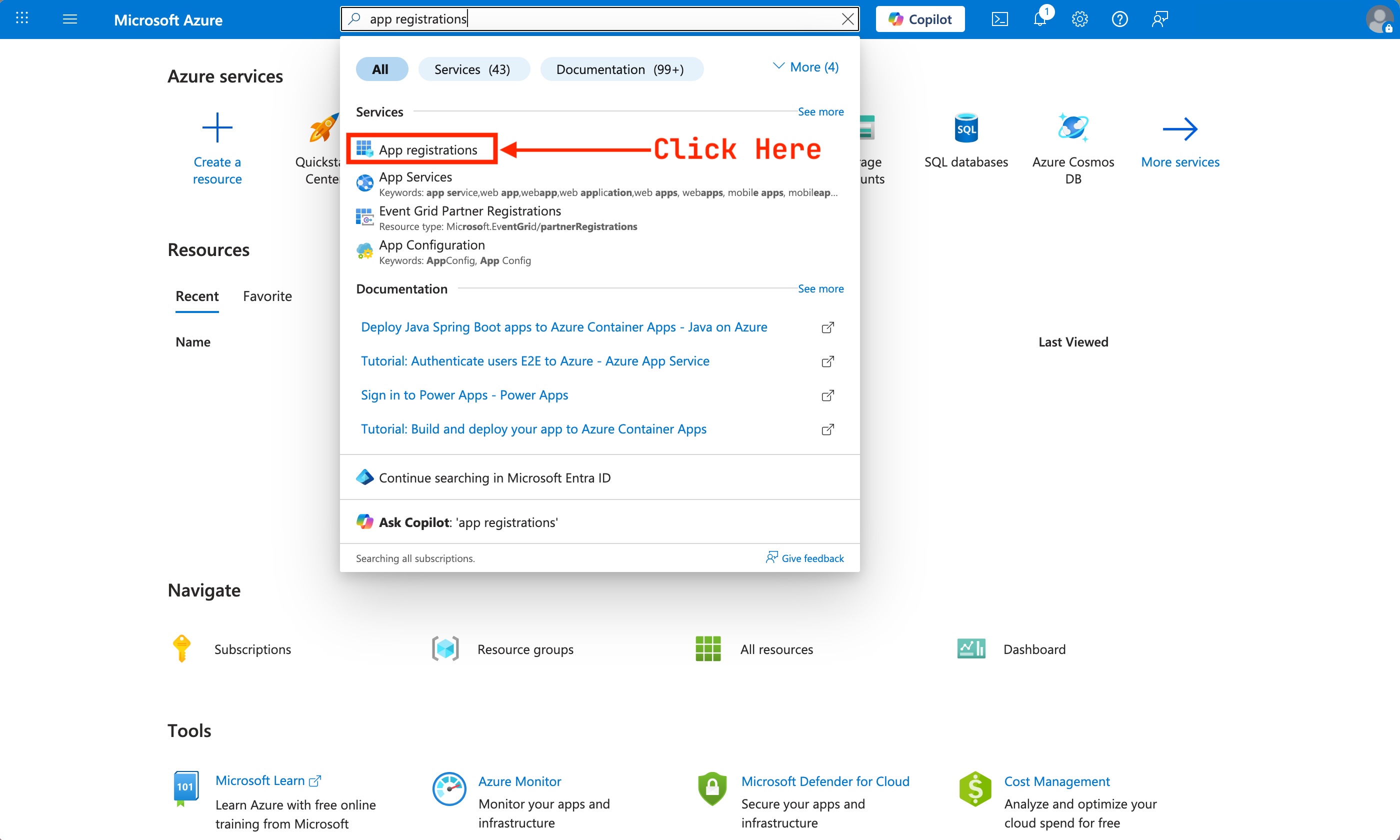 Screenshot: Searching for 'App registrations' in the Azure portal