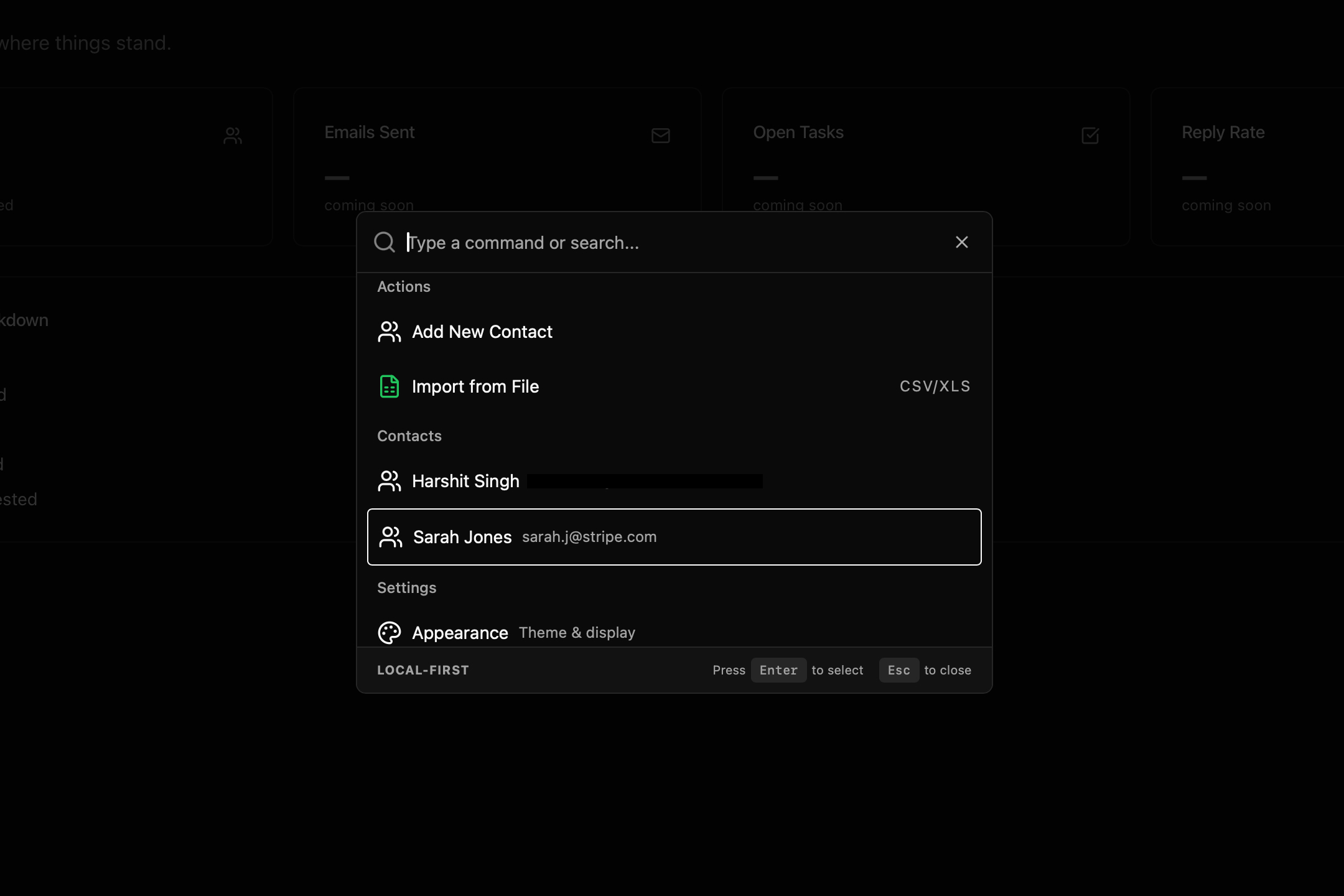 Screenshot: Command palette overlay showing search results for a contact name