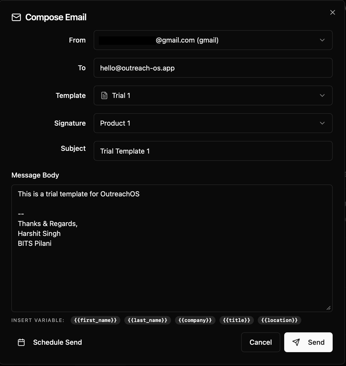 Screenshot: Email compose window showing subject, body, account selector, and send/schedule buttons