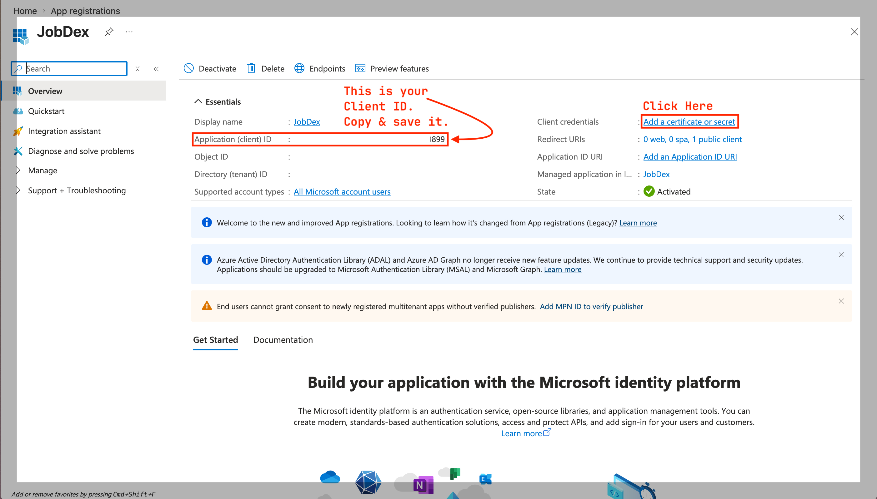 Screenshot: Copying the Application (client) ID from the Azure app overview page