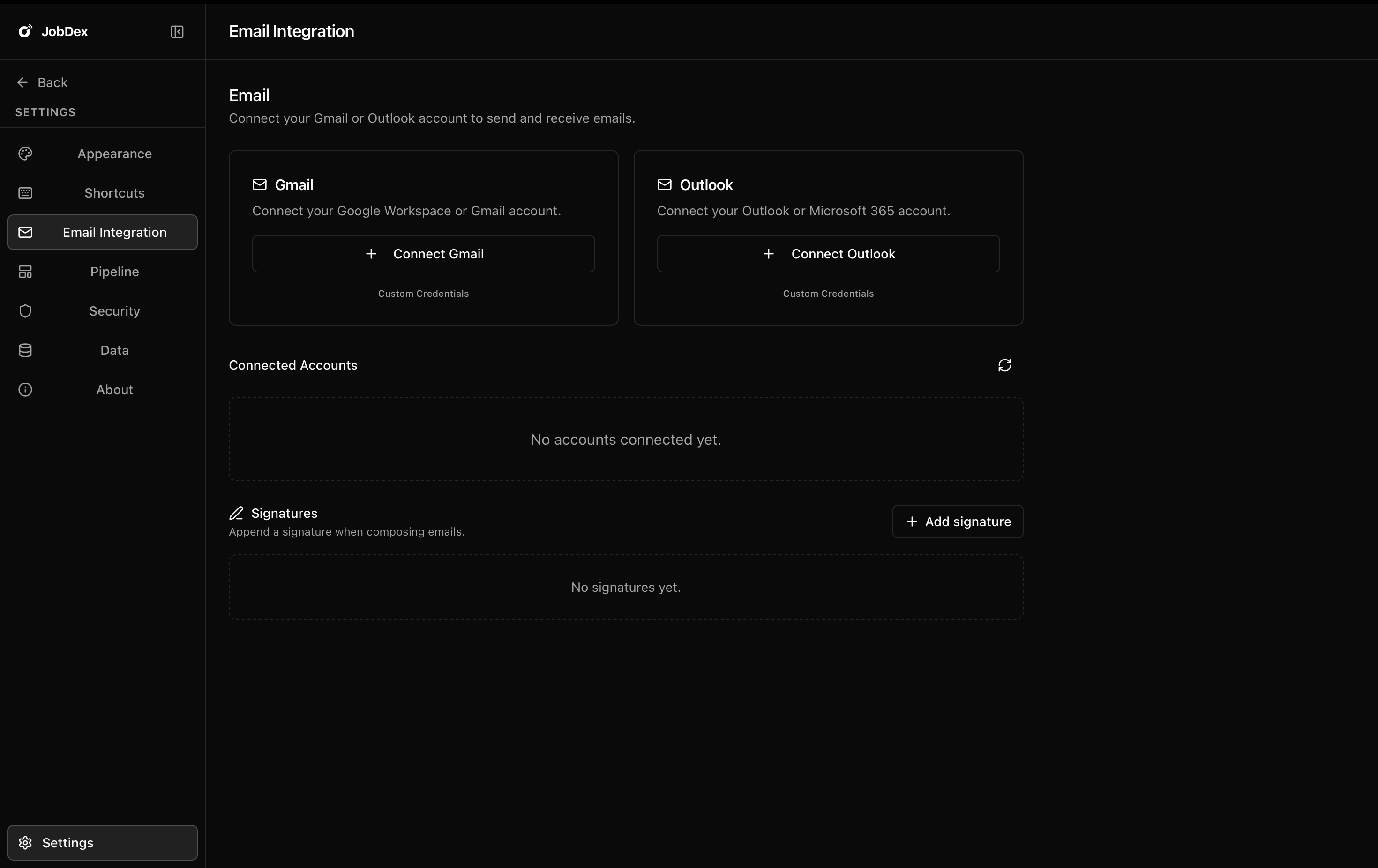 Screenshot: Settings → Email Integration tab, showing Gmail and Outlook configuration areas