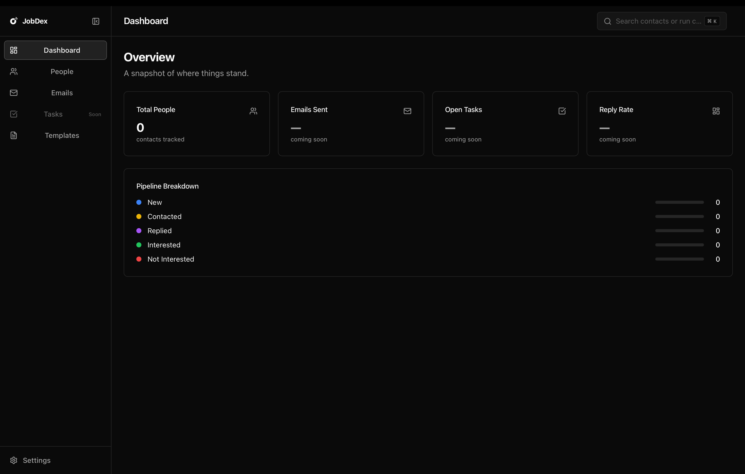 Screenshot: JobDex on first launch — empty state with sidebar, People page, and Settings visible