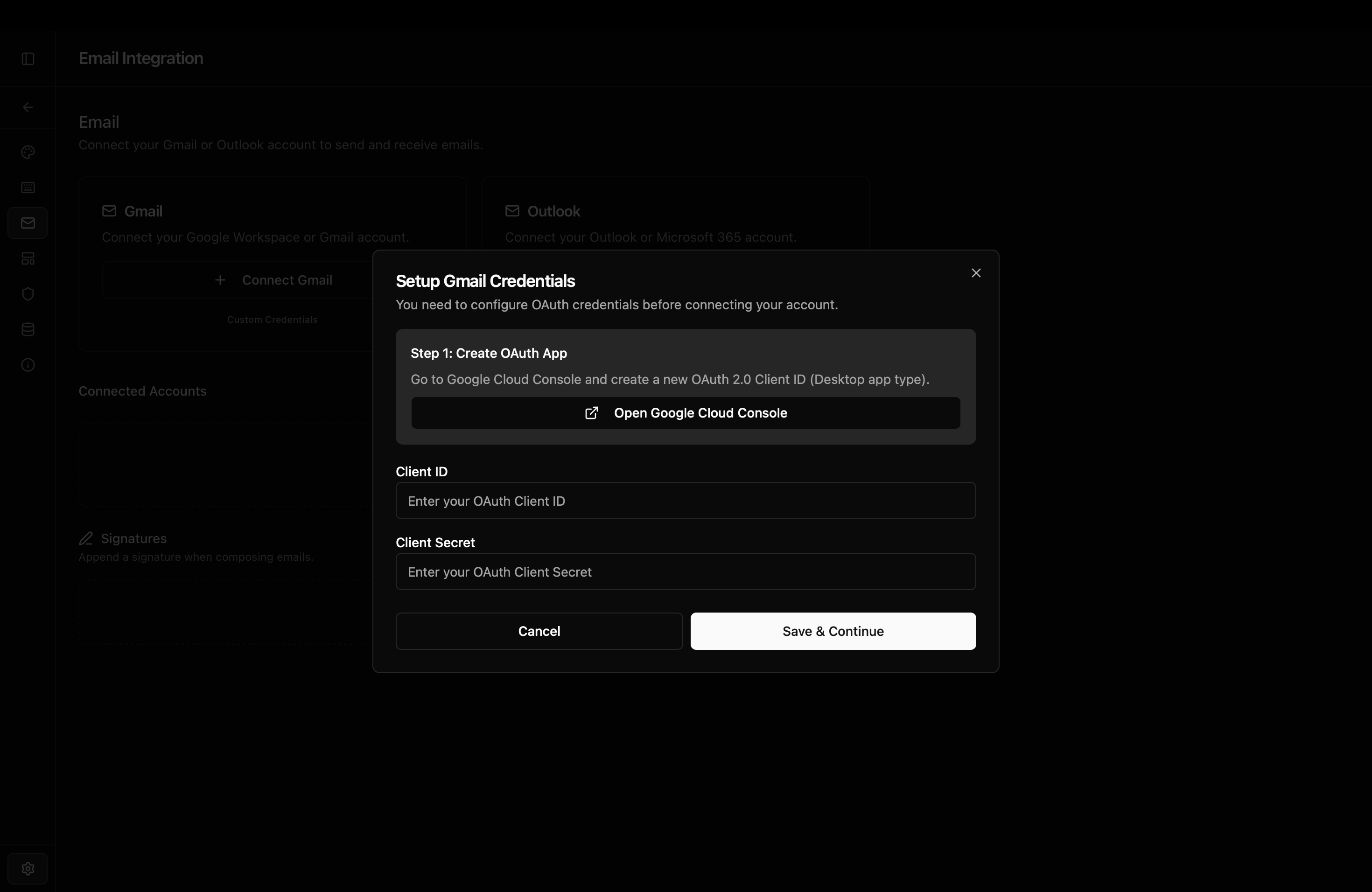 Screenshot: Settings → Configure Gmail Credentials dialog with Client ID and Client Secret