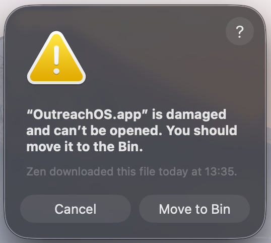 Screenshot: macOS 'damaged' error dialog