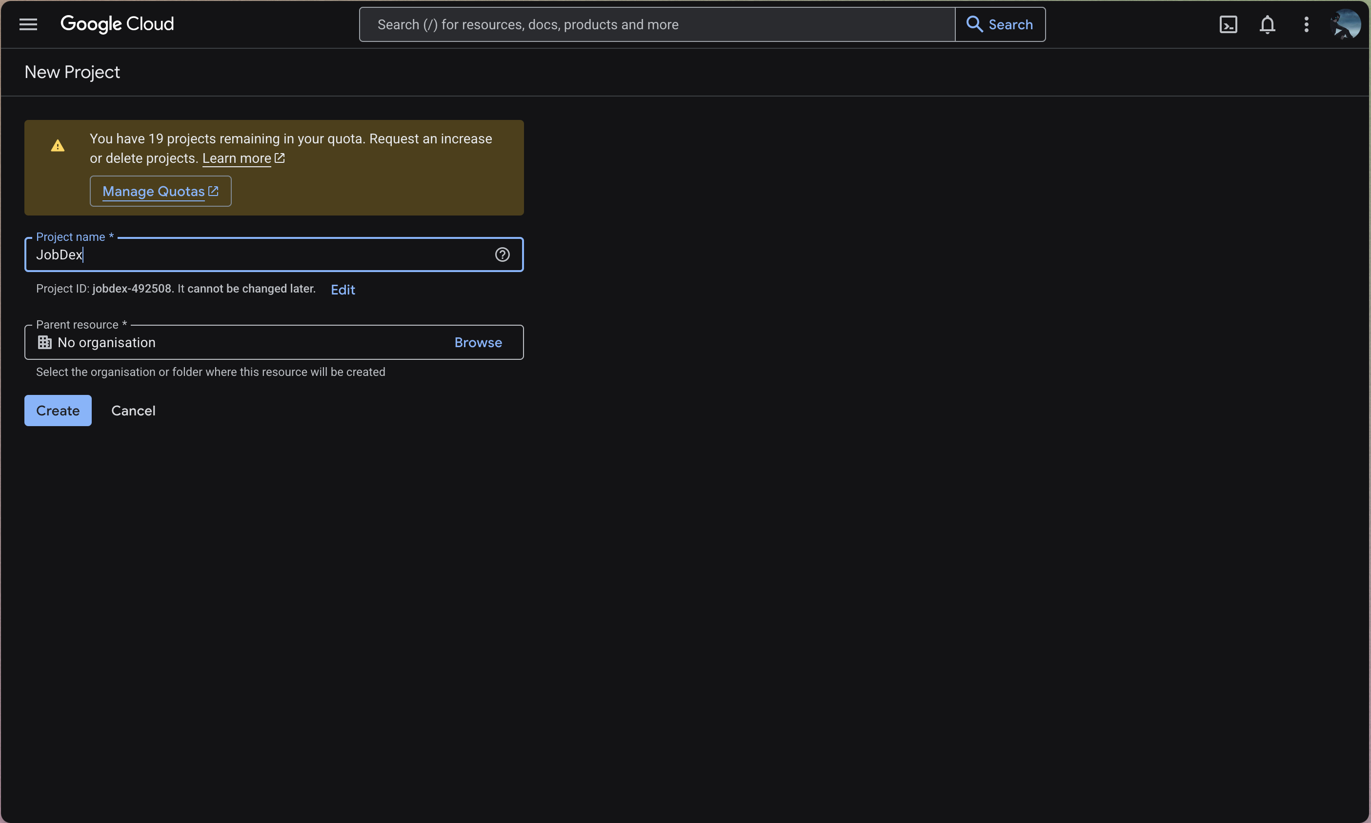 Clicking 'New Project' in Google Cloud Console