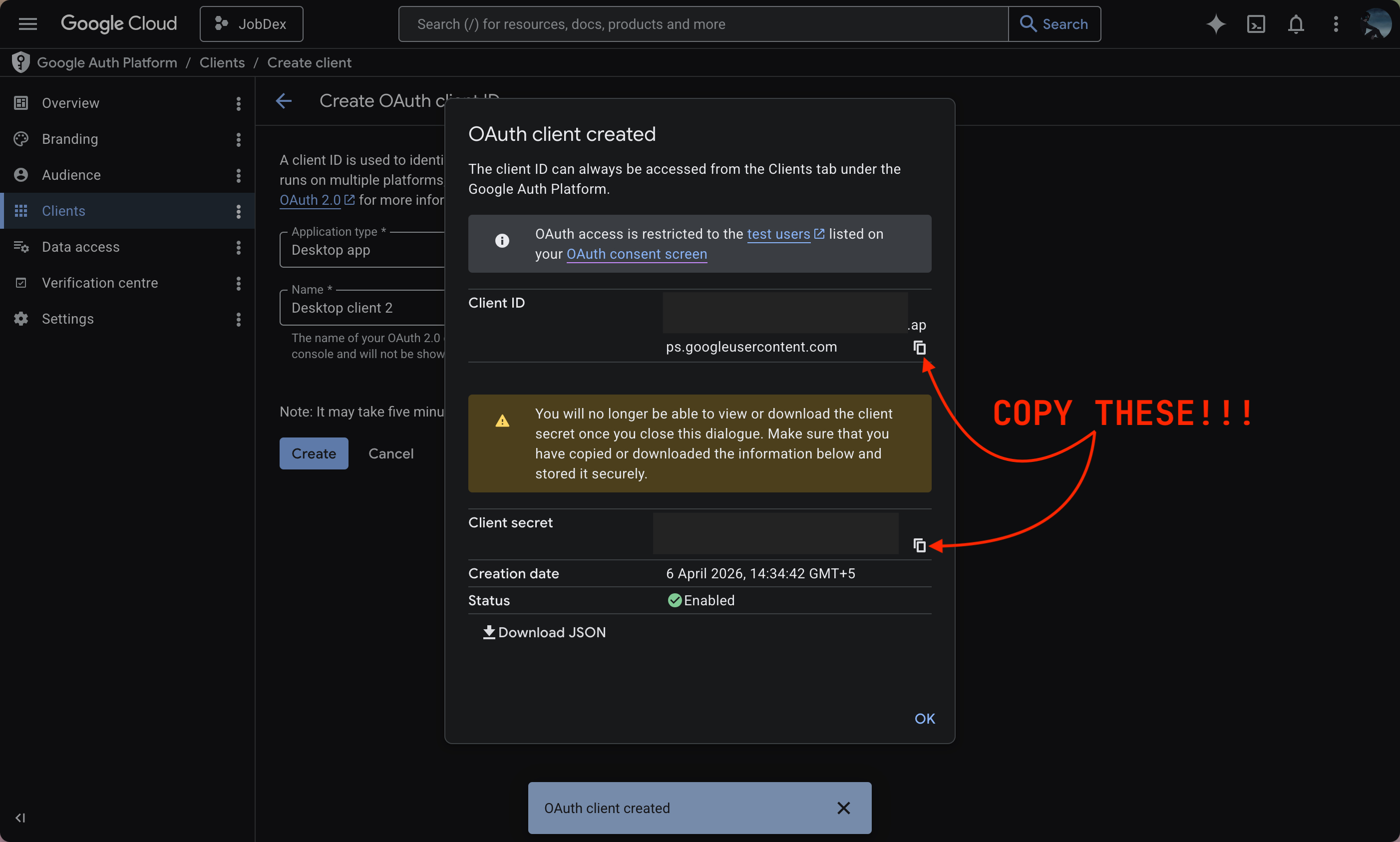OAuth client created popup showing Client ID and Client secret
