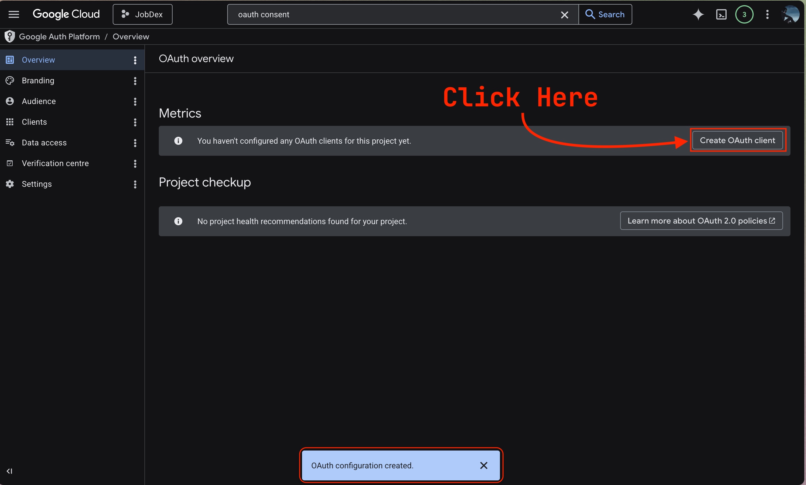 Clicking Create to finalize the OAuth client