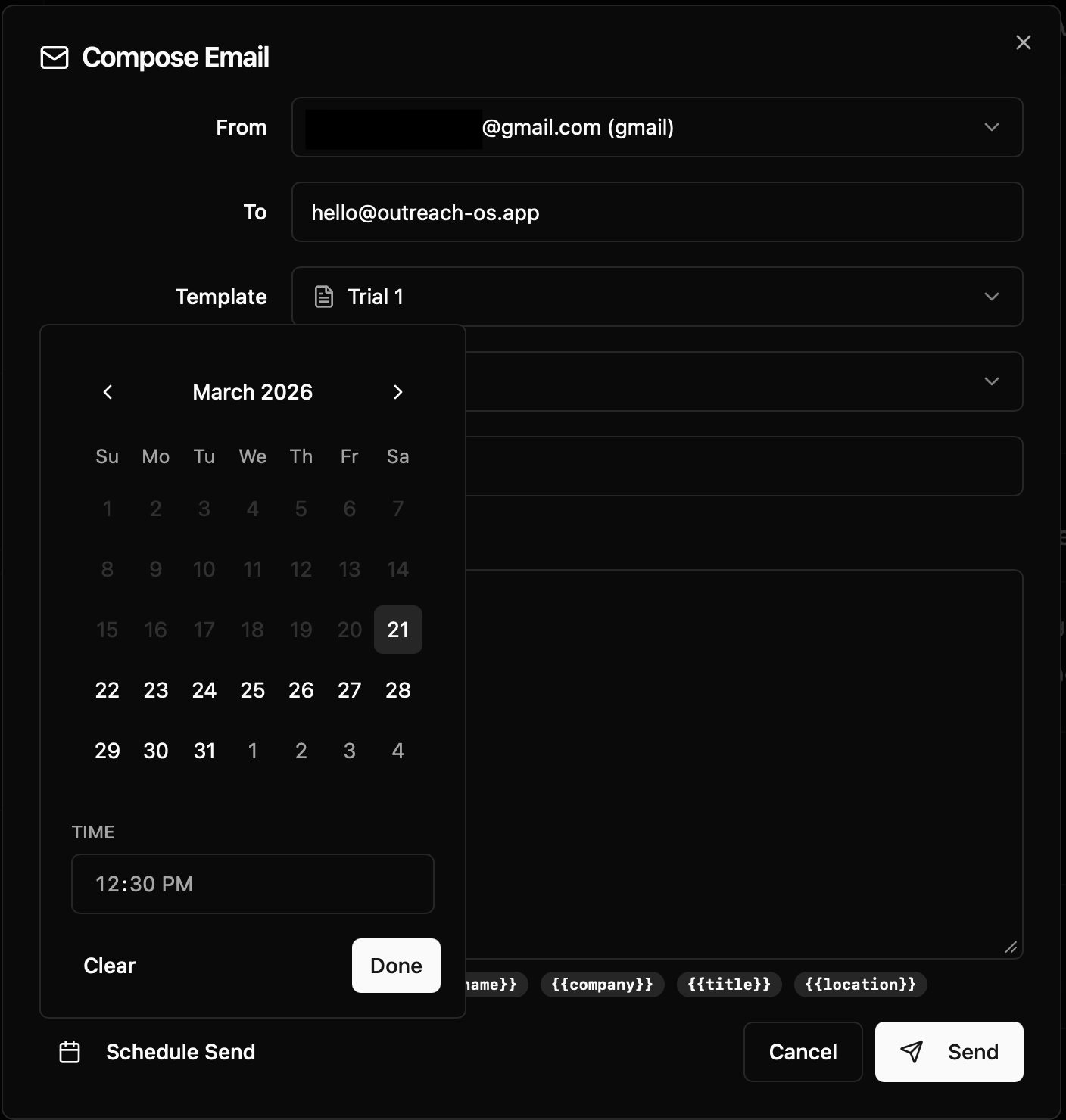 Screenshot: Schedule dropdown showing date and time picker