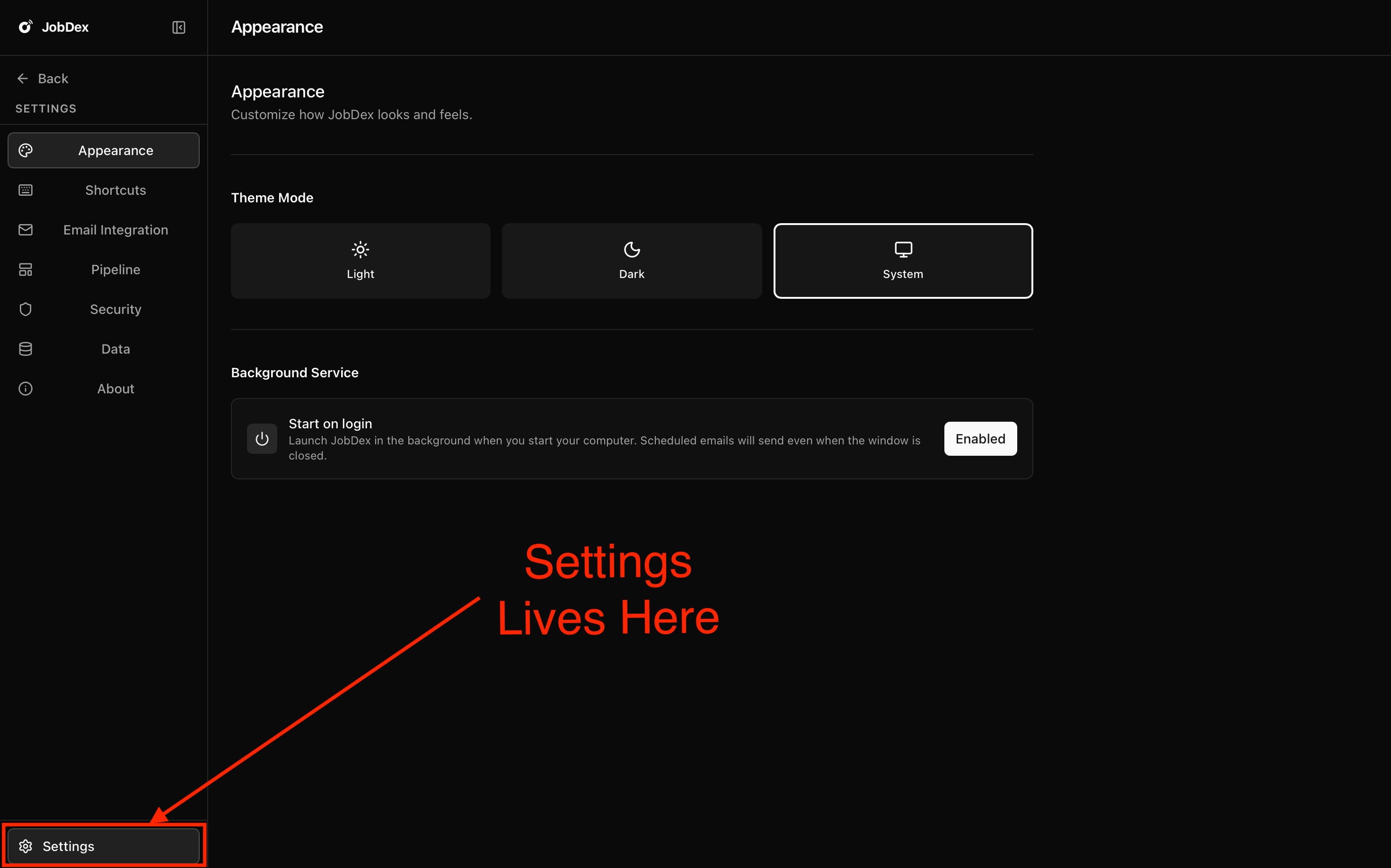 Screenshot: Settings entry at the bottom of the sidebar