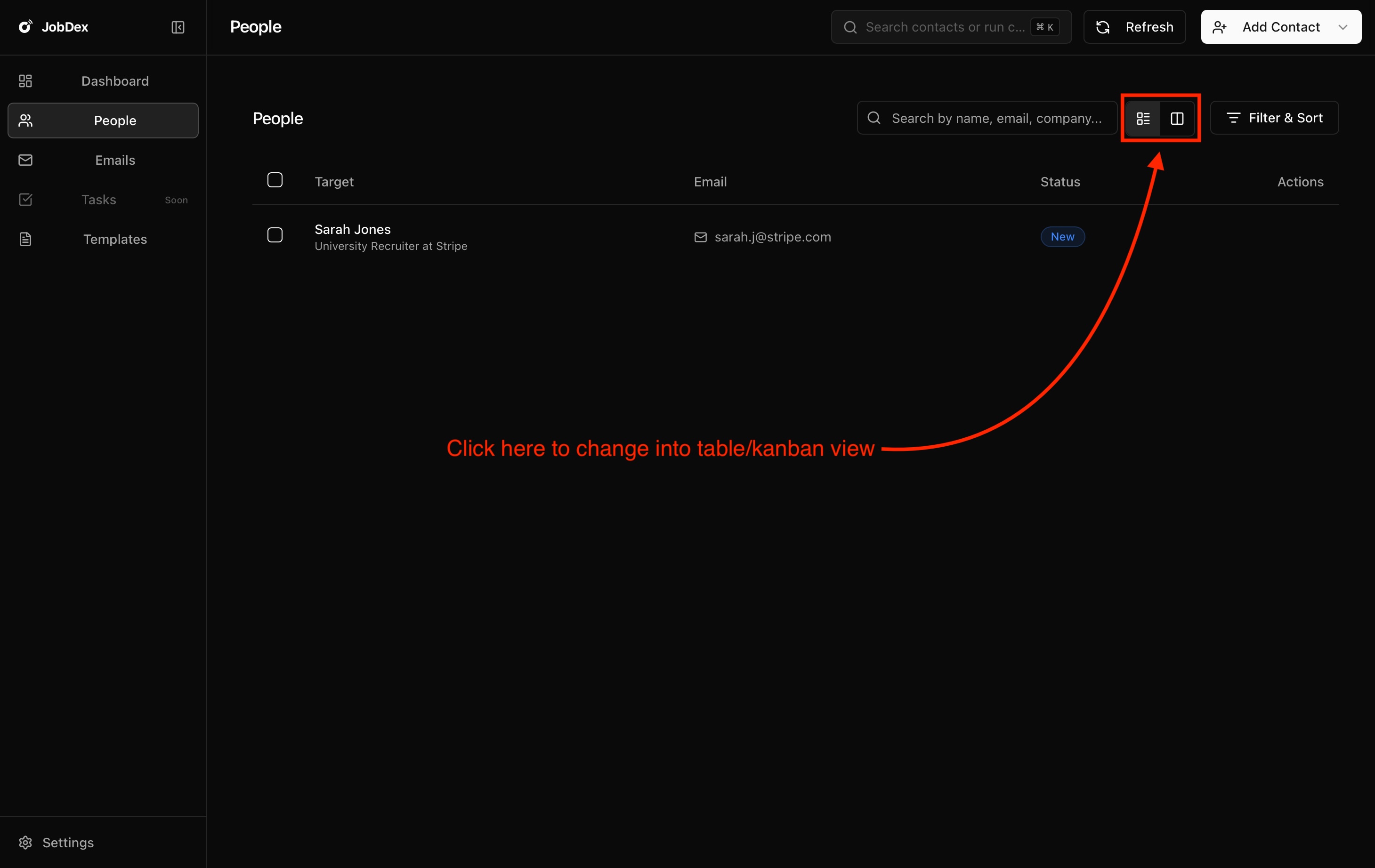 Screenshot: Table and Kanban view toggle icons in the top-right of the People page